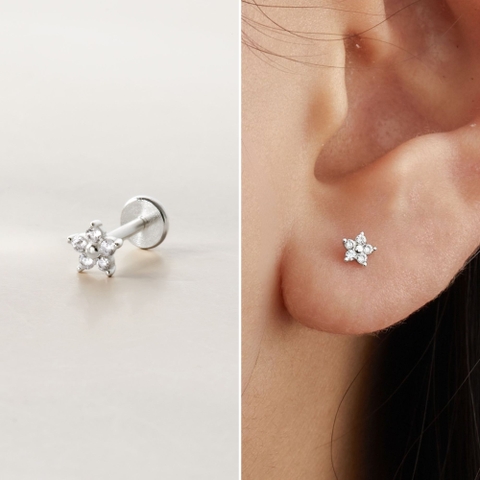 (1 Cái) Khuyên Tai Chốt Vặn Flat Back Bạc 925 Stud Nụ Hoa 5 Cánh Clover Stud - VCE522-L