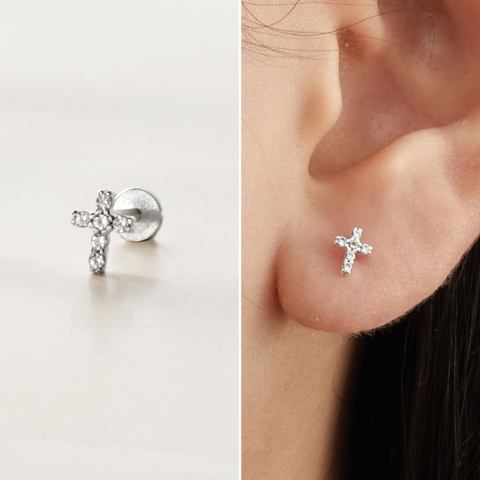(1 Cái) Khuyên Tai Chốt Vặn Flat Back Bạc 925 Stud Nụ Thánh Giá Cross Stud - VCE523-L