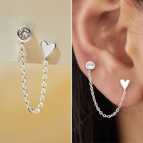 (1 Cái) Khuyên Tai 2 Lỗ Bạc 925 Dây Xích Stud Trái Tim và Nụ Tròn Double Chain - VCE524-L