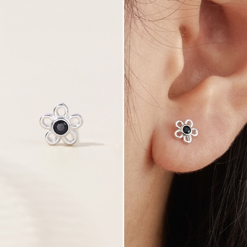 (1 Cái) Bông Tai Stud Bạc 925 Bông Hoa 5 Cánh Nụ Đá CZ Đen Flower Stud - VCE527-L