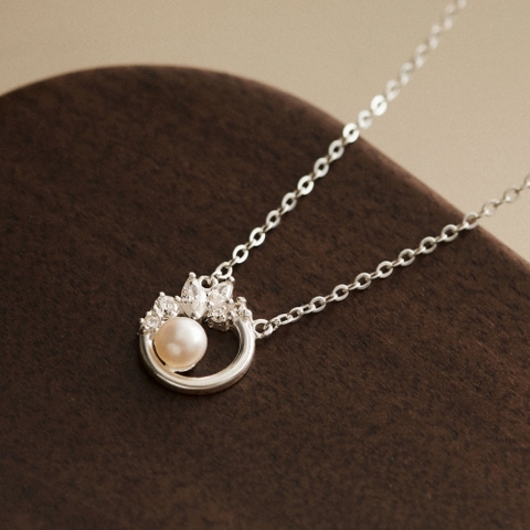 Dây Chuyền Bạc 925 Hình Ngọc Trai Đính Đá Viền Vòng Tròn - Pearl Stone Circle - VCN13 - Hover
