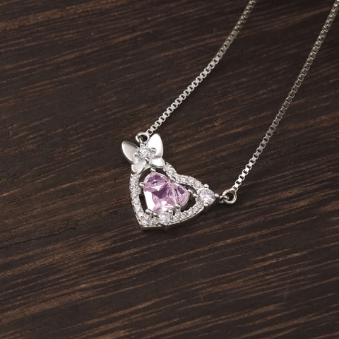 Dây Chuyền Bạc 925 Trái Tim Đá Hồng Gắn Nơ Nữ Tính - VCN516 - Hover