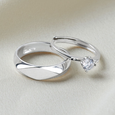 (Một Cặp) Nhẫn Đôi Freesize Bạc 925 Trơn Và Đính Đá Chấu Vương Miện - VYR21 & VCR508 - Hover