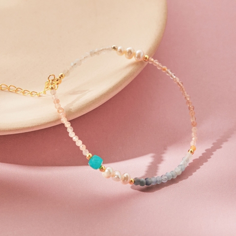 Lắc Tay Bạc 925 Ngọc Trai Tự Nhiên Phối  Đá Xanh Dương Aquamarine & Đá Hồng Mặt Trời - VDB03 - Hover