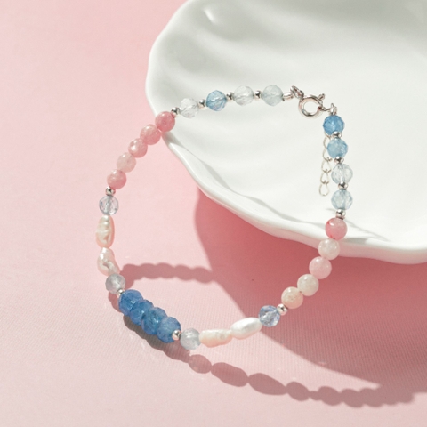 Lắc Tay Bạc 925 Phối Đá Aquamarine Xanh Dương Tròn & Đá Tourmaline Hồng - VDB05 - Hover