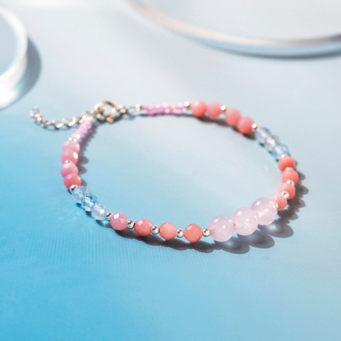 Lắc Tay Bạc 925 Phối Đá Aquamarine Tròn & Đá Opal Hồng - VDB06 - Hover