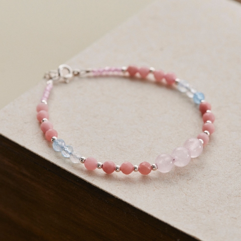 Lắc Tay Bạc 925 Phối Đá Aquamarine Tròn & Đá Opal Hồng - VDB06