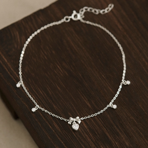 Lắc Chân Bạc 925 Hình Nơ Treo Trái Tim Đính Đá CARA LUNA - Heart Bow Tie - VGA04