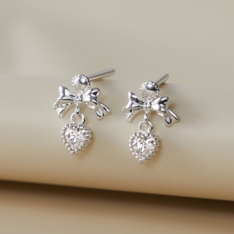 Hoa Tai Bạc 925 Hình Nơ Treo Trái Tim Đính Đá CARA LUNA - Heart Bow Tie Stud - VGE20