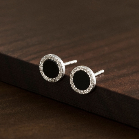 Hoa Tai Bạc 925 Dáng Nụ Tròn Đính Đá Đen Tự Nhiên Black Onyx Halo - VUE503