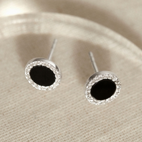 Hoa Tai Bạc 925 Dáng Nụ Tròn Đính Đá Đen Tự Nhiên Black Onyx Halo - VUE503 - Hover