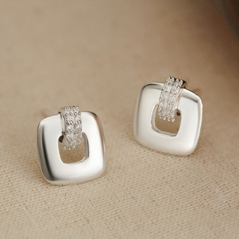 Khuyên Tai Bạc 925 Mặt Vuông Rỗng Đính Đá Lấp Lánh - VUE510 - Hover