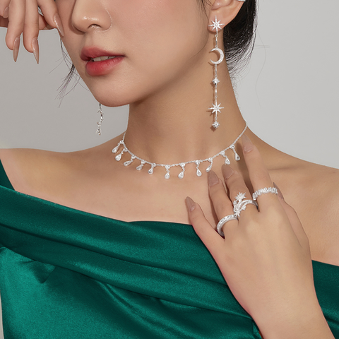 Hoa Tai Bạc 925 Dáng Thả Trăng Sao Đính Đá Nữ Hoàng Đêm Tiệc Night Events - Aphrodite - VYE36 - Hover