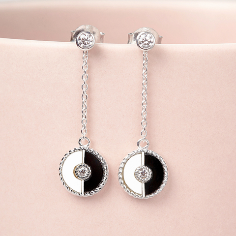 Hoa Tai Bạc 925 Mặt Tròn Khảm Trai Tự Nhiên Và Đá Onyx Đen Âm Dương Hòa Hợp Connection - VYE509