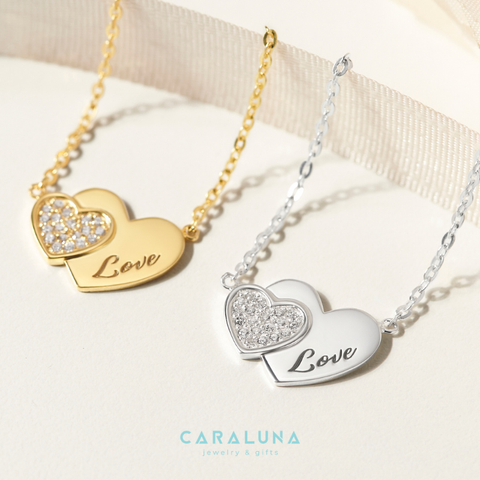 Dây Chuyền Bạc 925 Hai Trái Tim Đính Đá Khắc Chữ Love - Heart To Heart - VYN37 - Hover