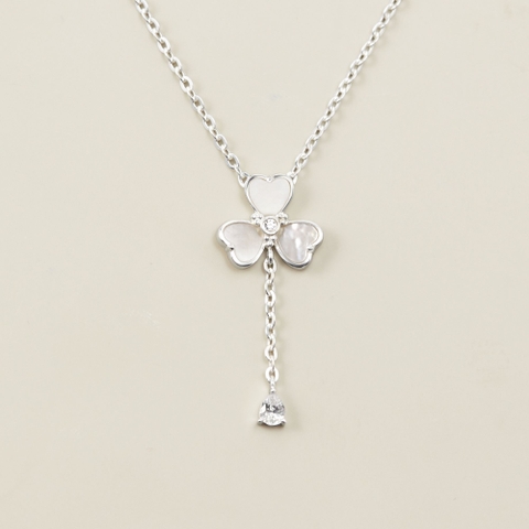 Dây Chuyền Lariat Bạc 925 Cỏ 4 Lá Trái Tim Trai Xà Cừ Đính Đá Giọt Nước - VYN75 - Hover