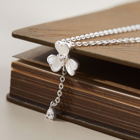 Dây Chuyền Lariat Bạc 925 Cỏ 4 Lá Trái Tim Trai Xà Cừ Đính Đá Giọt Nước - VYN75