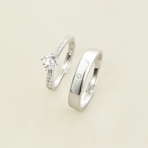 (Một cặp) Nhẫn Đôi Freesize Bạc 925 Đính Đá Chìm Và Nhẫn Nút Thắt Đính Đá Chủ VYR15 - VYR16 - Hover