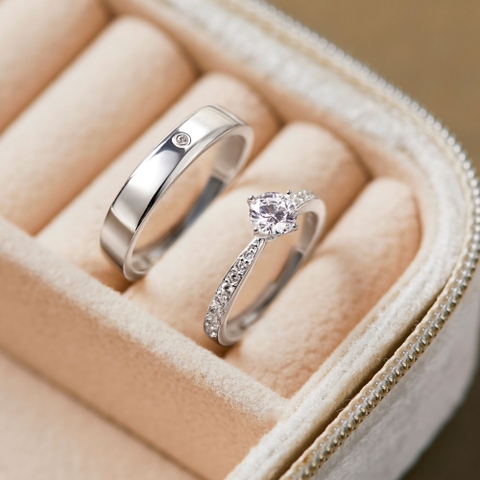 (Một cặp) Nhẫn Đôi Freesize Bạc 925 Đính Đá Chìm Và Nhẫn Nút Thắt Đính Đá Chủ VYR15 - VYR16