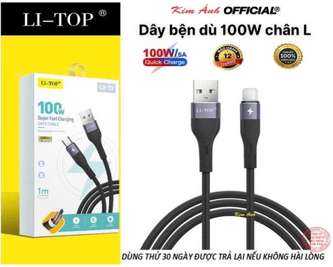 Dây sạc LI-TOP LX73, công suất 100W, chân L, dây bọc lớp cao su mềm chống rách, đầu lưới SR chống uốn, hàng chính hãng