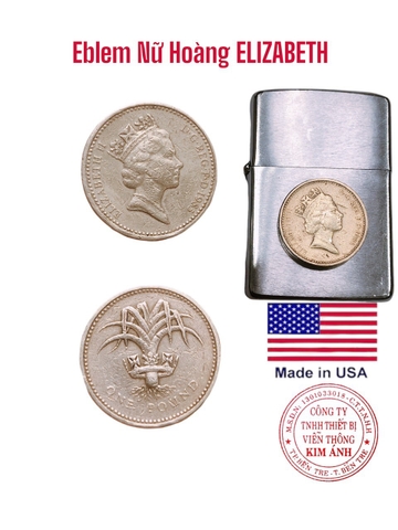 Miếng dán Eblem trang trí Zippo Mỹ chủ đề Nữ Hoàng Elizabeth sản xuất 1985, Chuẩn Zin Mỹ