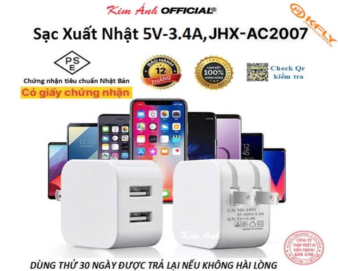 Củ sạc xuất Nhật 5V-3.4A KFLY ( JHX-AC2007) chứng nhận PSE tiêu chuẩn Nhật Bản, bảo hành chính hãng 12 tháng