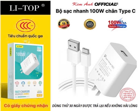 Bộ sạc nhanh LI-TOP AC29 100W chân Type C , có chứng nhận 3C tiêu chuẩn quốc gia, bảo hành chính hãng 12 tháng