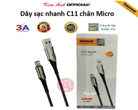 V8- Dây sạc nhanh 3A Hiệu Hammer ( H-C11-M ), Chân Micro/ V8, Có đèn báo, Hàng Chính Hãng bảo hành 12 tháng
