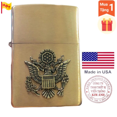 Bật lửa, hộp quẹt Zippo Mỹ Brush Brass Eblem logo Quân Sự Mỹ, Hàng chính hãng