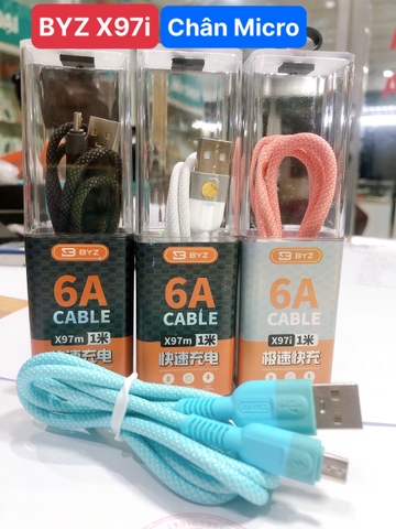 Dây sạc nhanh  BYZ X97M dòng điện 6A, chân cắm Micro, dây dù chắc chắn và chống rối, Hàng chính hãng