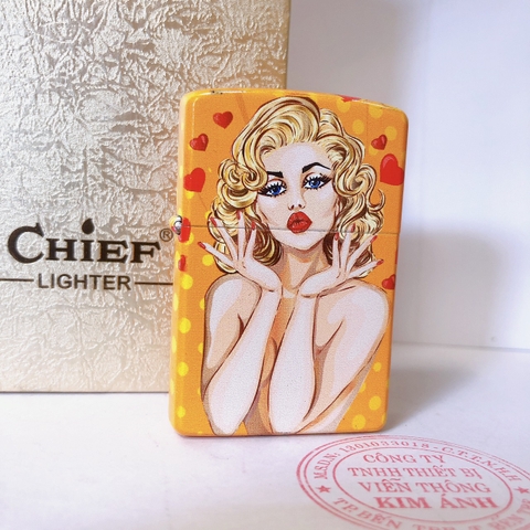 Bật lửa, hộp quẹt Chief đồng nguyên chất chủ đề Cô Gái Môi Đỏ, hàng loại 1 cao cấp vỏ bằng đồng