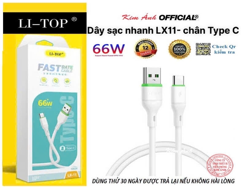 Dây sạc nhanh LI-TOP LX11 chân Type C (hộp giấy) công suất 66W, Kim Ánh cho dùng thử 30 ngày, bảo hành 12 tháng