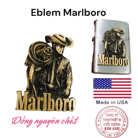 Miếng dán Eblem trang trí Zippo chủ đề Marlboro , chất liệu đồng thau Solid Brass, hàng chuẩn zin Mỹ