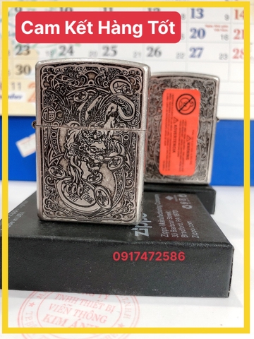 Bật lửa Zippo Amorr vỏ dầy mẫu Tỳ Hưu ( Kỳ Lân)  Bạc Giả Cổ, Khắc Chìm 5 Mặt, Vỏ đồng có Tem đỏ