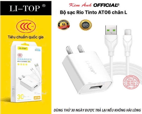 Bộ sạc Li-Top Rio Tinto AT06 5V- 2A chân L, đạt chứng nhận 3C tiêu chuẩn quốc gia, bảo hành chính hãng 12 tháng