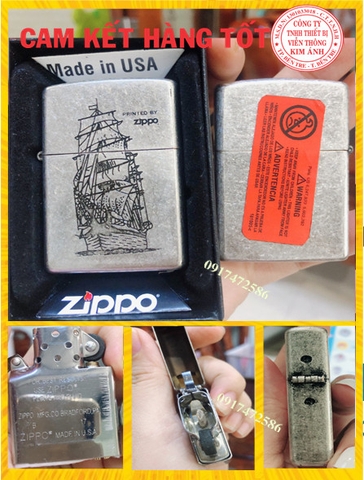 BẬT LỬA ZIPPO BẠC GIẢ CỔ THUẬN BUỒM XUÔI GIÓ -HỘP QUẸT ZIPPO