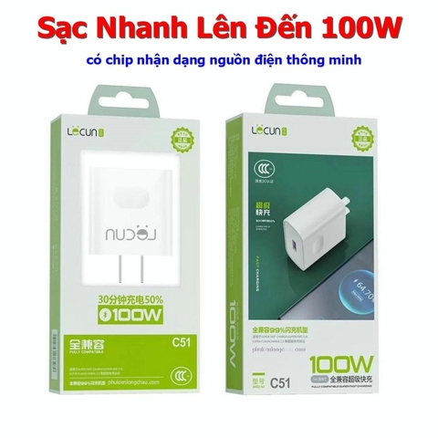 Cóc Sạc Nhanh Lecun C51 công suất cao lên đến 100W, có chip nhận dạng nguồn điện thông minh