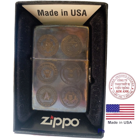 Bật lửa Zippo MỸ Brass, khắc ăn mòn các logo Quân Sự Mỹ, Hàng chính hãng