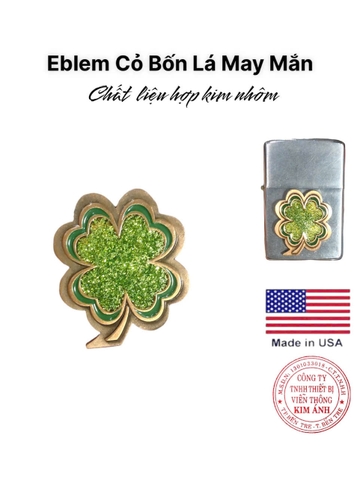 Miếng dán Eblem trang trí Zippo chủ đề Cỏ Bốn Lá may mắn chất liệu hợp kim nhôm, hàng chuẩn zin Mỹ