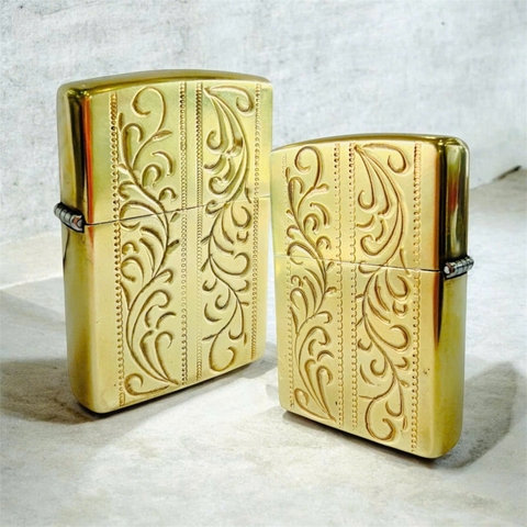 BẬT LỬA ZIPPO MỸ CHU NIÊN BRASS ĐỒNG, KHẮC ĂN MÒN HOA VĂN Ý 2 MẶT - CHU NIÊN 32-91