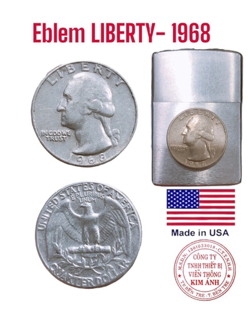 Eblem dán trang trí Zippo Mỹ chủ đề LIBERTY sản xuất 1968 và năm 7x, 9x , Chất liệu đồng Zin nhập Mỹ