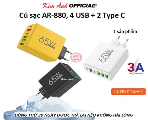 Củ sạc Power Charger AR-880, 4 USB + 2 PD, dòng điện max 3A, Kim Ánh bảo hành 12 tháng, bao đổi trả
