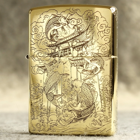 Hột quẹt, bật lửa Zippo MỸ Brass mã 204B khắc ăn mòn 5 mặt Cá Chép Hoá Rồng, Hàng chính hãng