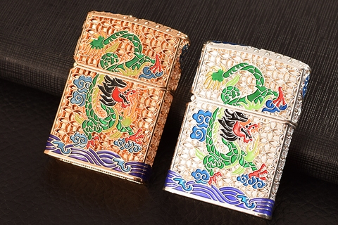 Bật lửa, hộp quẹt Chief chủ đề Thanh Long Quá Hải 5 mặt, khảm men đẹp, hàng loại 1 cao cấp vỏ bằng đồng