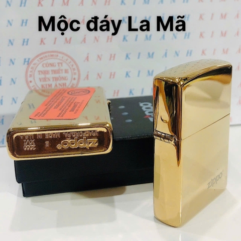 Hộp quẹt ZIPPO màu Vàng mộc đáy La Mã loại trơn bóng, Kim Ánh nhập hàng cao cấp vỏ bằng đồng có dán tem đỏ