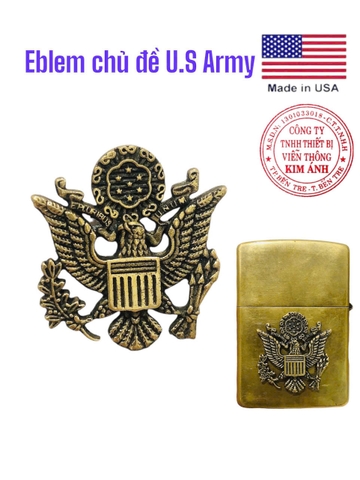 Tấm dán Eblem trang trí Zippo chủ đề U.S Army ( Quân Sự), chất liệu đồng thau Solid Brass, hàng chuẩn zin Mỹ