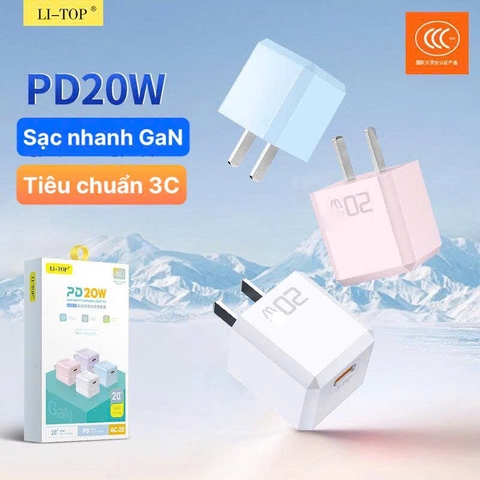 Củ sạc LI-TOP AC20 mini, sạc nhanh PD 20W, đạt chứng nhận 3C tiêu chuẩn quốc gia, hàng chính hãng bảo hành 12 tháng