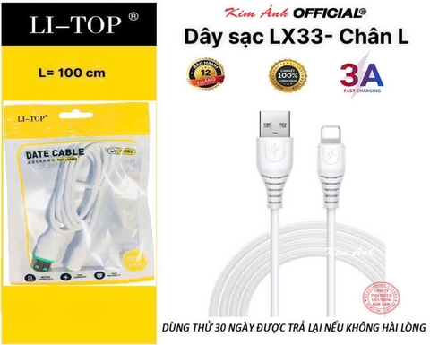 Dây sạc 3A LI-TOP LX33 chân L (Túi), dòng điện 5V- 3A, Kim Ánh cho dùng thử 30 ngày, bảo hành chính hãng 12 tháng