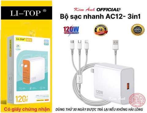 Bộ sạc nhanh 120W LI-TOP T12 3in1 (Type C, L, V8), đạt chứng nhận 3C tiêu chuẩn quốc gia, bảo hành 12 tháng