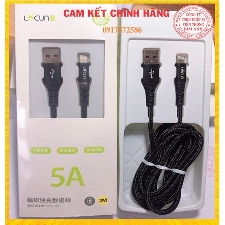 2m -Lightning -Dây sạc nhanh Lecun HT 20 dòng điện 5V- 5A  chuôi lightning, dây dù dài 2m - Hàng Chính Hãng
